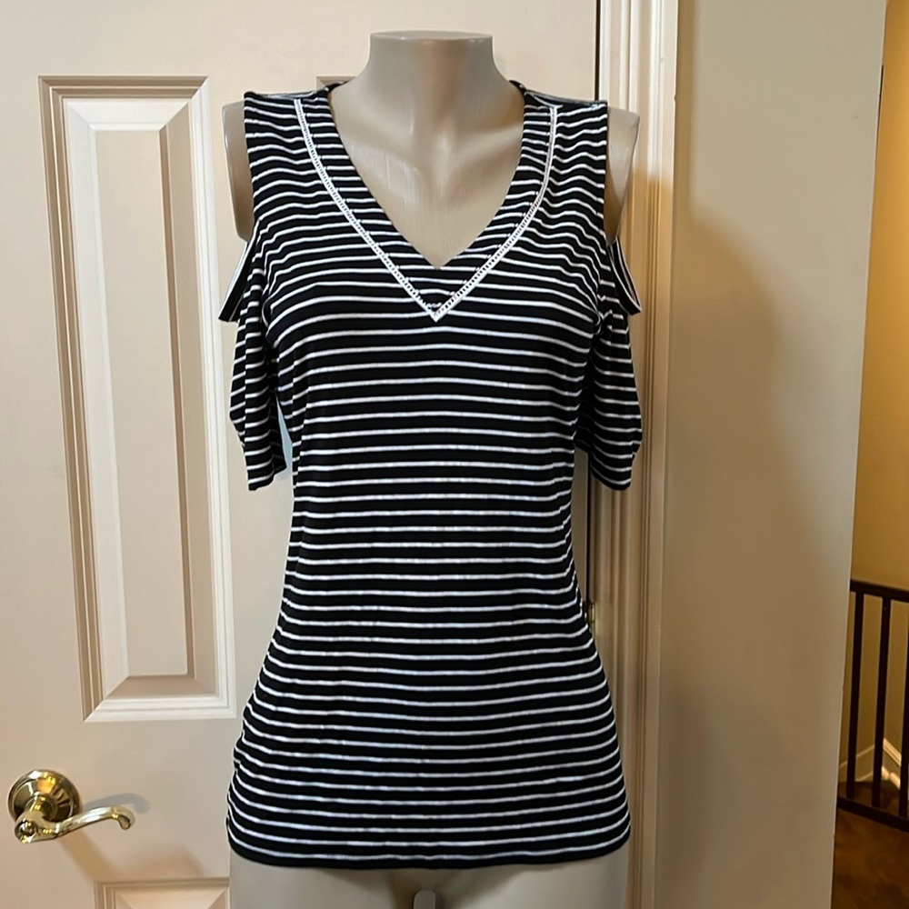 White House Black Market stripe Cold Shoulder top, med